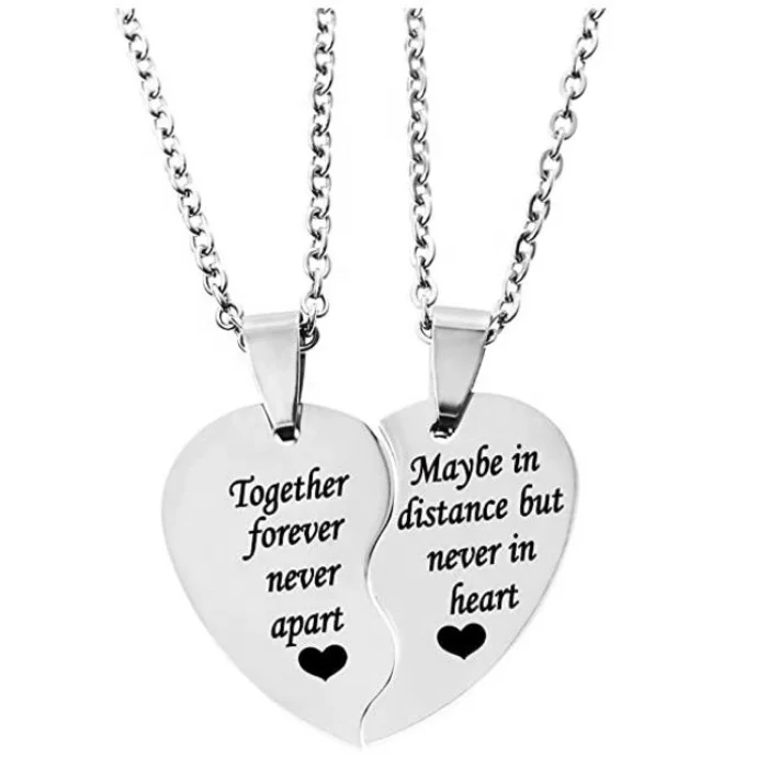 

Split broken heart style black laser engrave high quality friendship symbol silver stainless steel bff necklaces for 2 heart