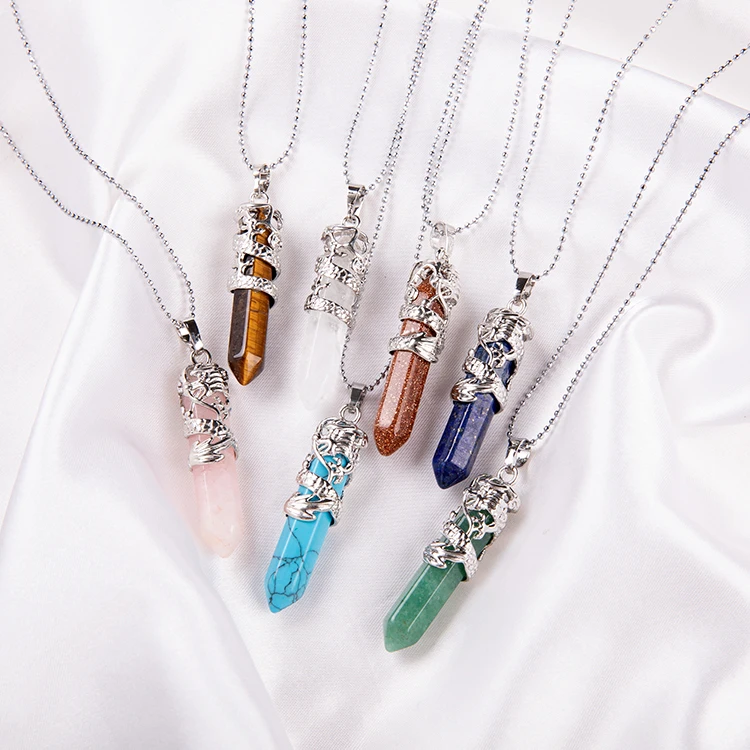 

Vintage Hexagonal Column Natural Stone Necklace Bullet Shape Crystal Natural Quartz Stone Pendant Necklace, As pic show