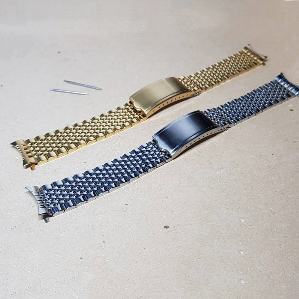 

18 20mm Silver Gold Hollow Curved End Watch Band Beads of Rice 316L Steel Vintage Bracelet For Omega Geneve Speedmaster Deville