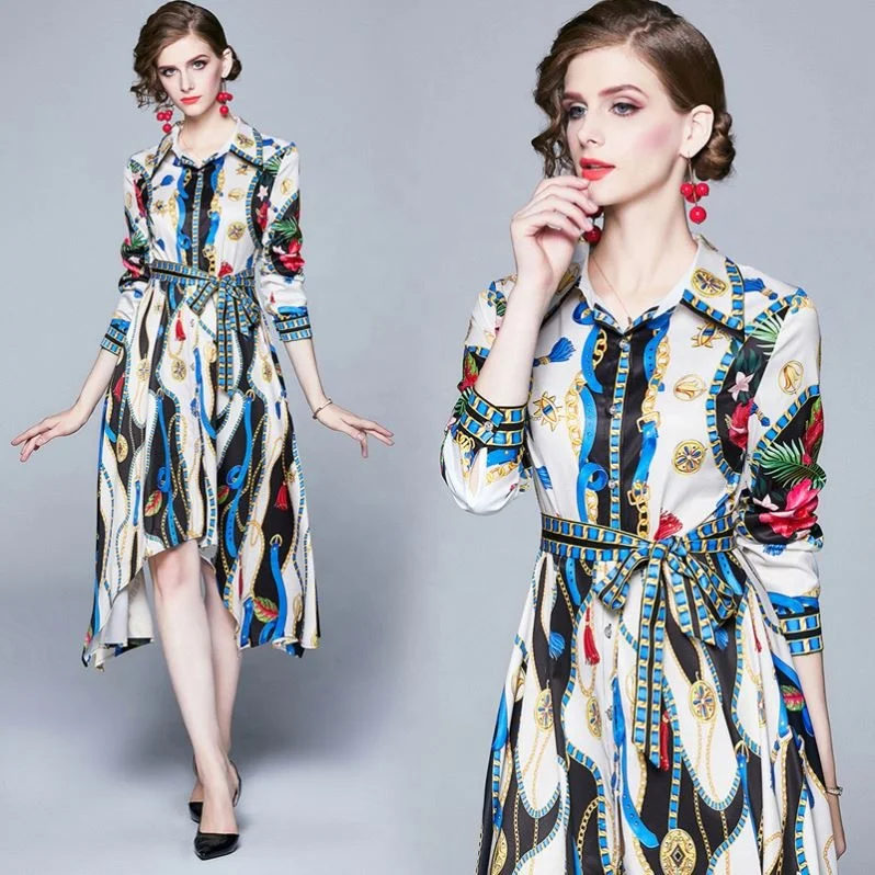 

Wholesale New Arrivals 2021 Lapel Long Sleeve Printed Ladies Shirt Dress Fashion Casual All-match Irregular Waist Belted Dress, Royalblue