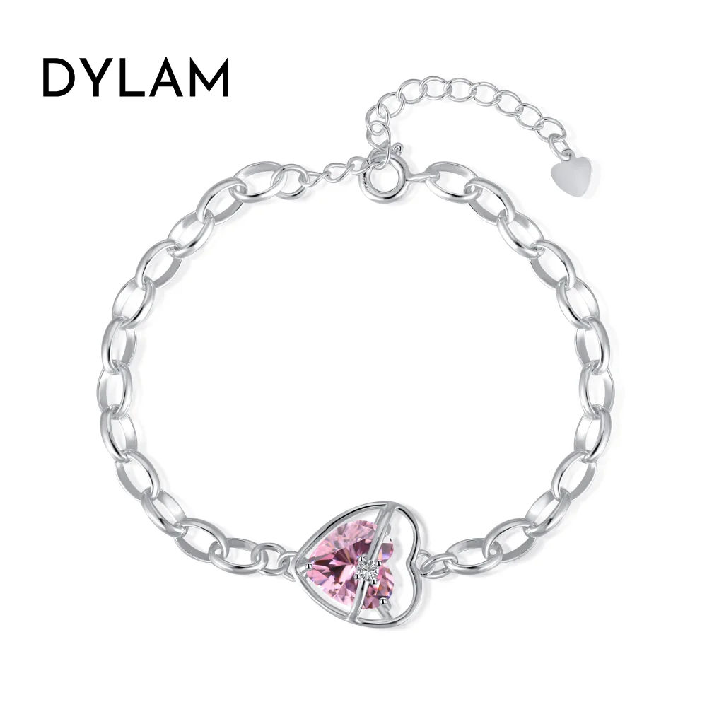 Dylam New Arrival Trendy Adjustable Resizable Women Fine Jewelry Bangle Bracelet Diamond Pink 5A Zircon Heart Bracelet