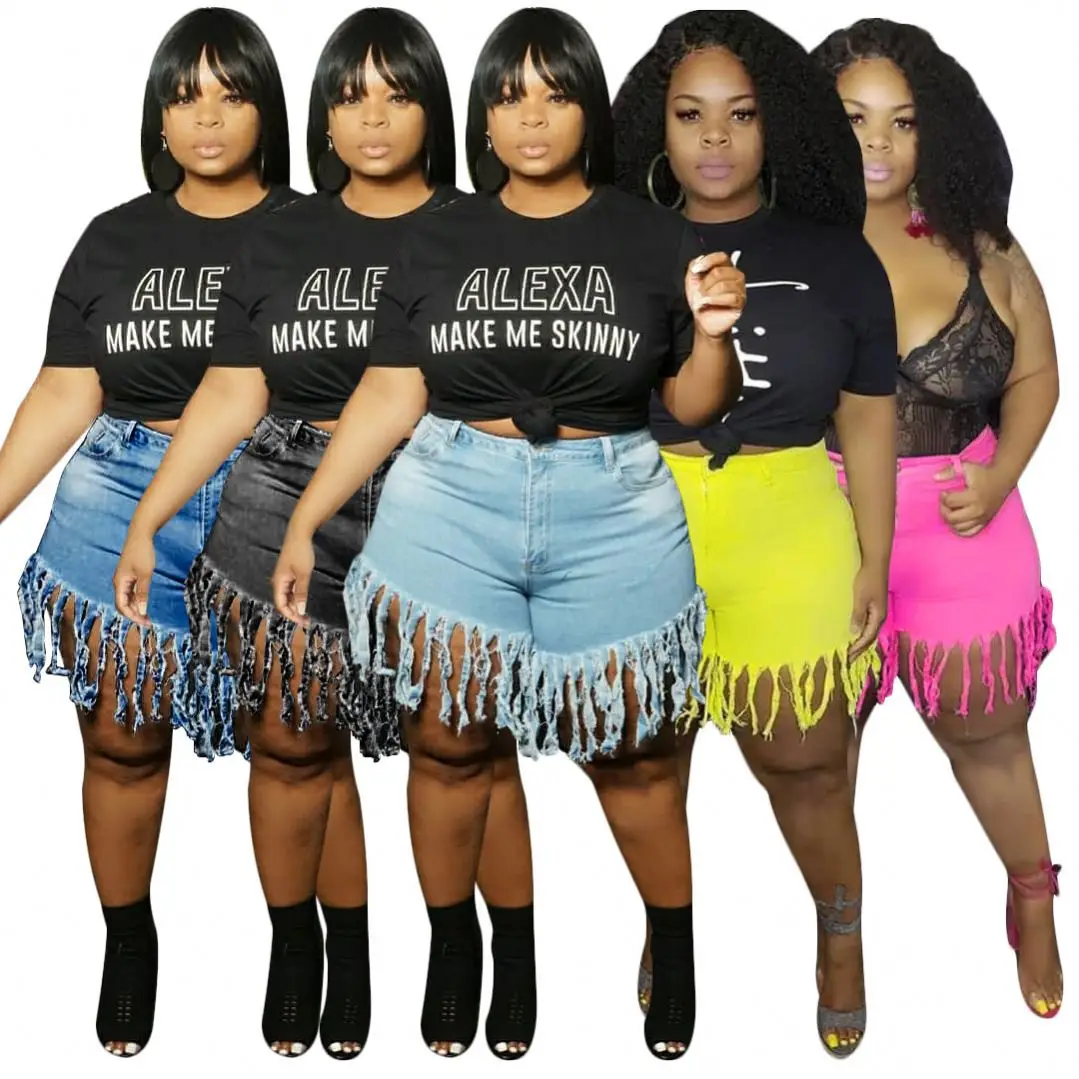 

CS1528 Women summer 2021 fashion sexy jeans with tassel plus size xl-4xl jeans short pants trousers denim shorts jeans, Multi