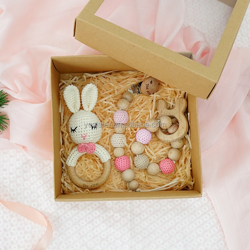 

Natural newborn gift set Handmade Knitted Bunny Crochet toy Beech wooden crochet teether set