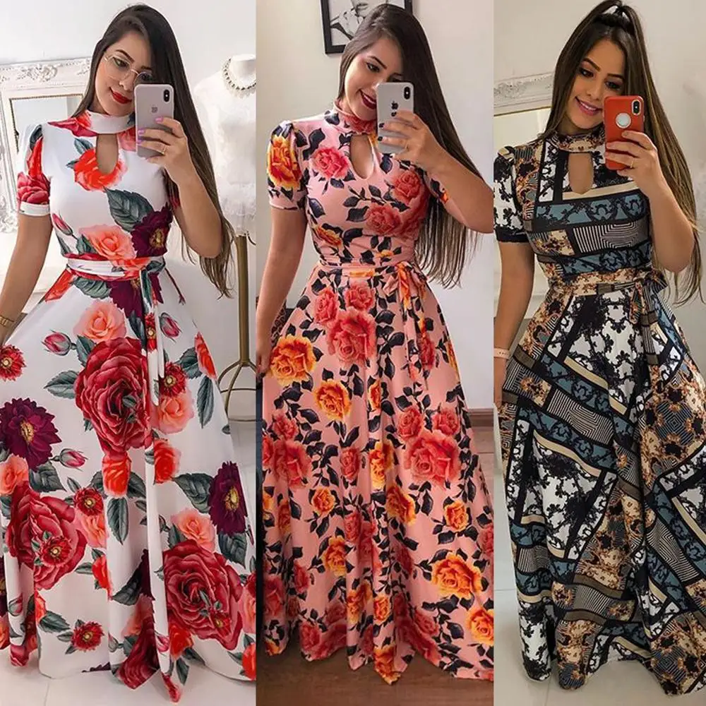 

2021 summer casual short sleeve long floral printed fall maxi dresses women vestido de flores florido
