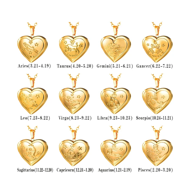 

Fashion 12 Zodiac Photo Frame Memory Locket Pendant Necklace Plating Brass Heart Necklace for Women, Gold color