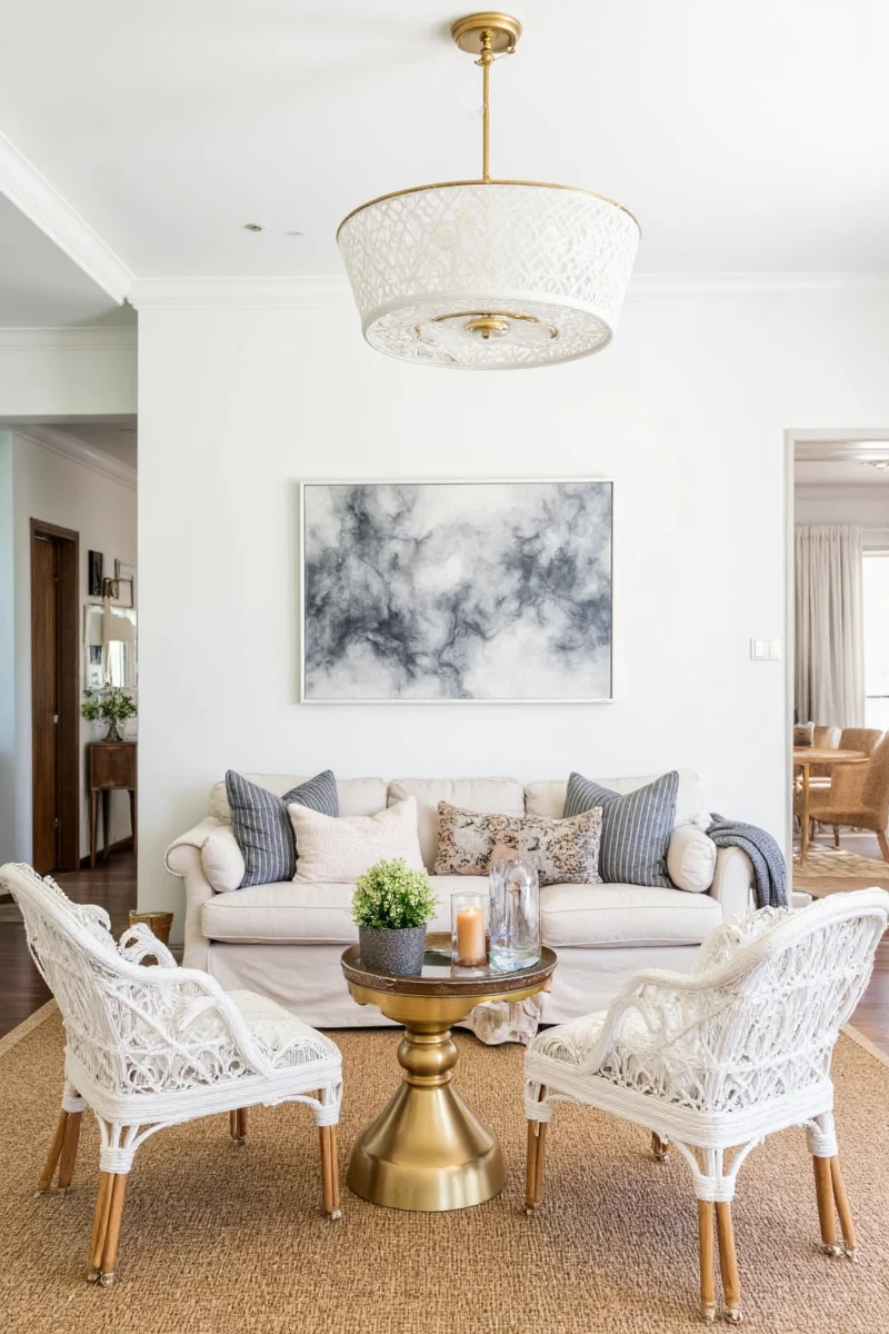 Modern coastal living room with light blue walls, natural wood floors, and woven baskets