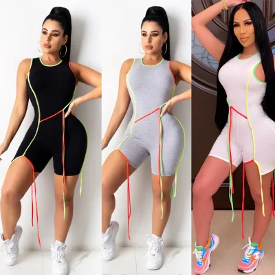 

2022 Women Clothing Color Contrast Skinny Sport One Piece Rompers Bodycon Sexy Sleeveless Jumpsuit