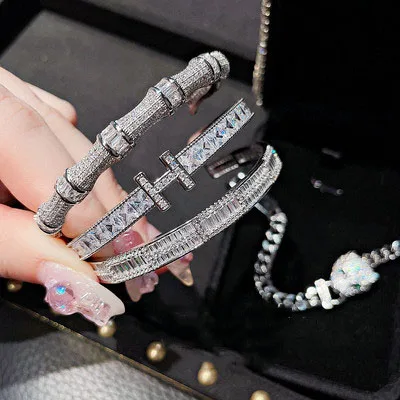 

Luxury white gold plated iced out Cube Zircon bracelet moissanite hiphop diamond jewelry adjustable bracelet, Silver