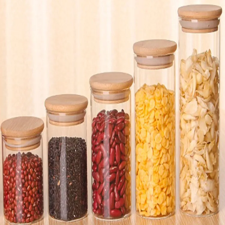 

High Quality Glass Storage Jars With Cork And Bamboo Lid