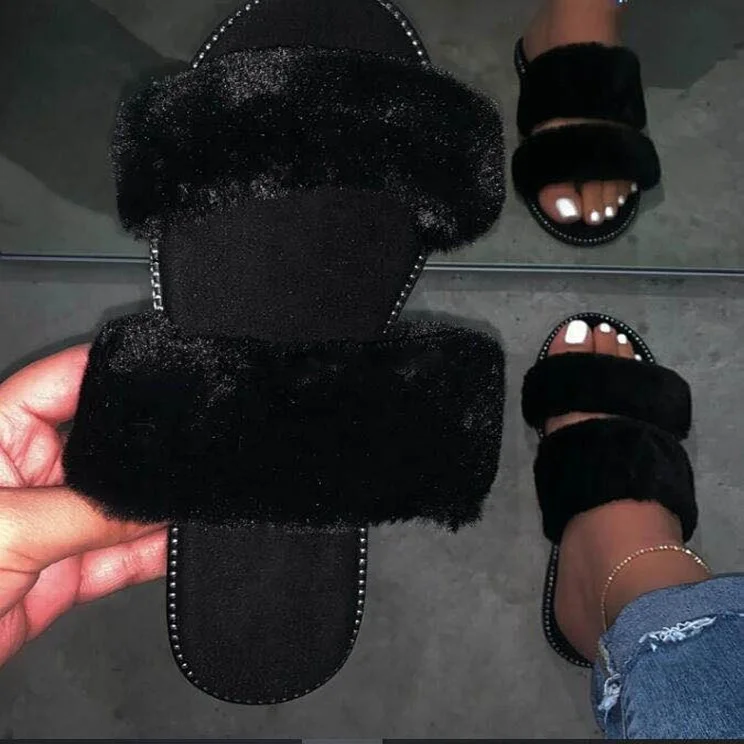 

wholesale racoon black fur luxury slippers women faux fur slides slippers, 3 color options