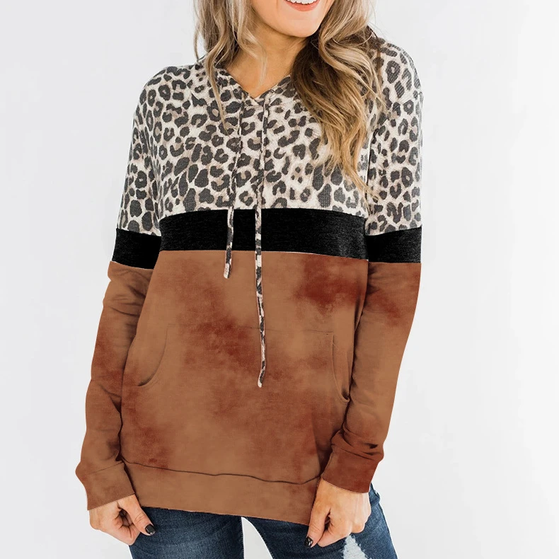 

High Quality Manufacture Wholesale leopard women stitching oversize tye dye sports hoodie, Black