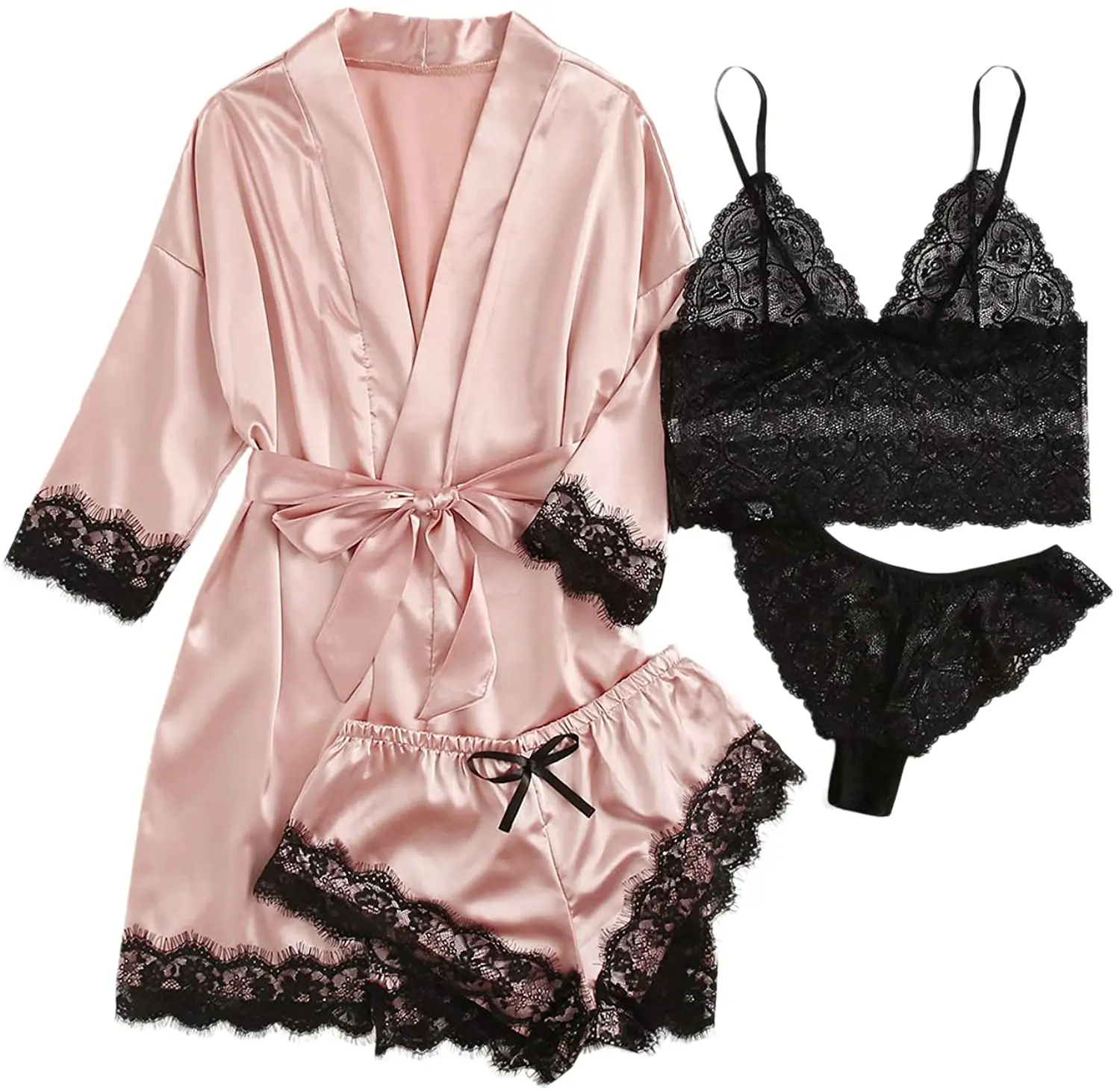 

Women's Sleepwear 4pcs Floral Lace Trim Satin Cami Pajama Sets with Robe, Customized color