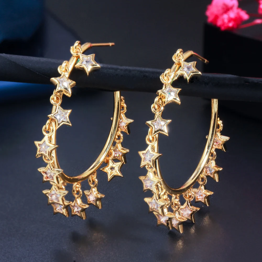 

Popular 18k Gold Filled Dangling Lucky Star Charms Hoop Circle Round Earrings for Ladies Fashion Elegant Cubic Zircon Jewelry