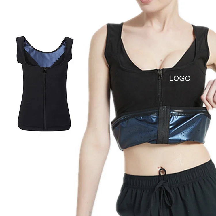 

Customized Logo Zipper Sweat Vest Body Building Slim Weight Loss Tank Top Shirt for Women, Black