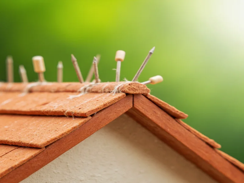 Close-up of miniature house roof secured with bamboo pins