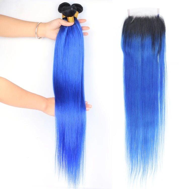 

Wholesale Raw Indian Straight Hair Weave Bundles With Closure 1B/Blue Ombre 100% Mink Virgin Human Hair Bundles Vendors