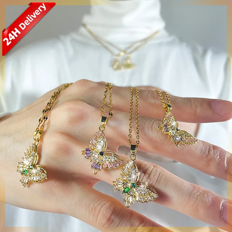 

HOVANCI 18k gold plated zircon pendant choker necklace kolye 12 stainless steel dainty necklace butterfly