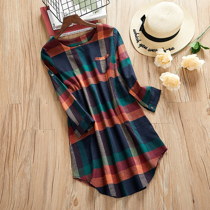 

T Shirt Dresses for Women - Autumn Vintage Red Plaid Button Down Long Sleeve Loose Casual Pocket Dress Robe Vintage avec Poche