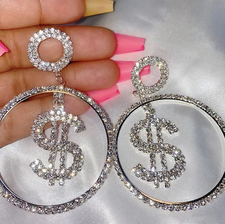 

New Design Exaggerated Big Round Earrings Rhinestone Earrings Ladies Dollar Sign Earrings, As picture