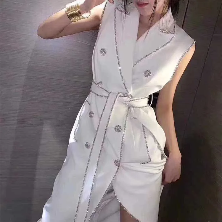 

A3210 White Cotton Mature Women Sleeveless Evening Maxi Dress With Diamond, Black