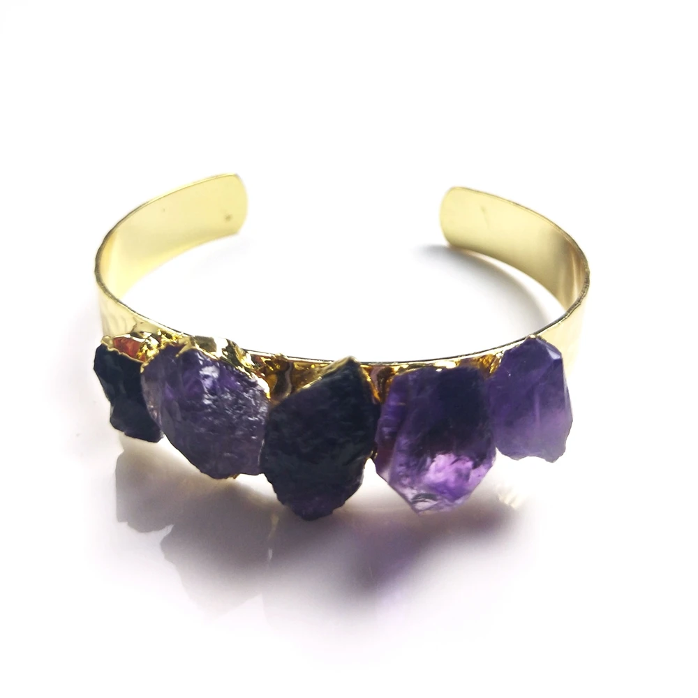 

Hot Retro Style Handmade Wrist Bangle 5 purple stones Bracelet Personality Amethyst Vintage Women Jewelry for Sale Gift Party, Purple, gold