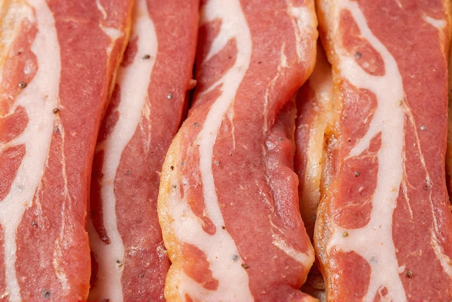 Close-up of pepper bacon slices showing visible black pepper grains embedded in the meat with marbled fat patterns