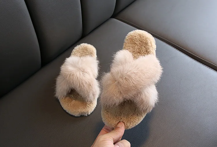 
Slippers cute faux rabbit fur kids soft black slippers summer winter spring plush custom 