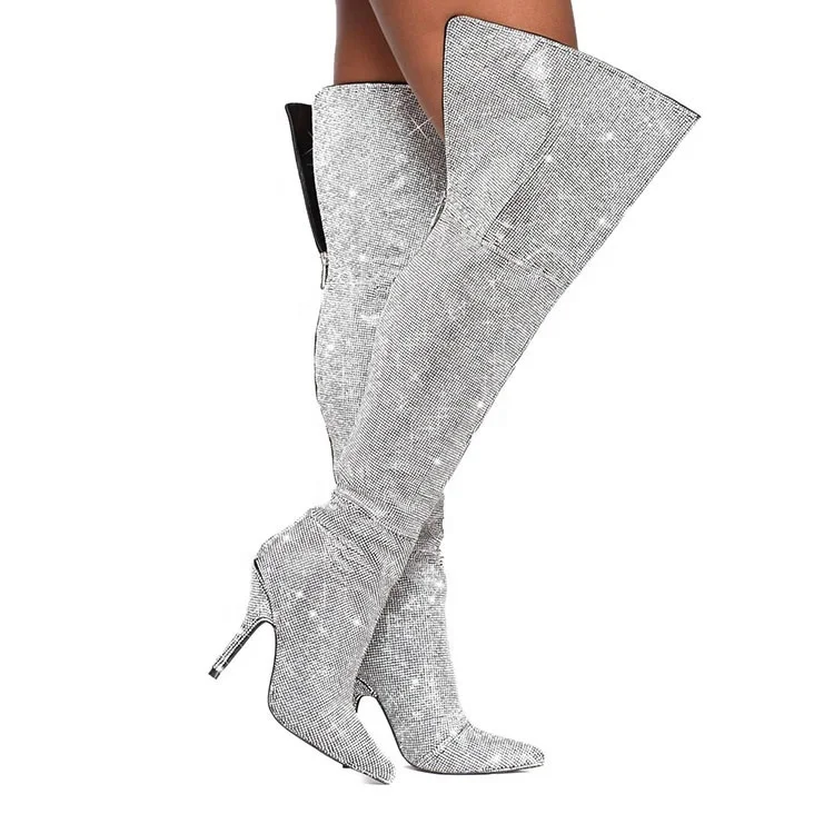 

2020 women newest thigh high silver diamond embellished boot with zipper