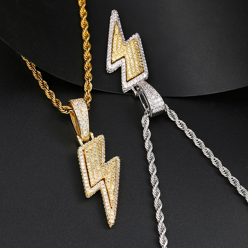 

ins hot hip hop iced out full diamond vintage punk gold lightning shape pendant necklace, Silver/gold