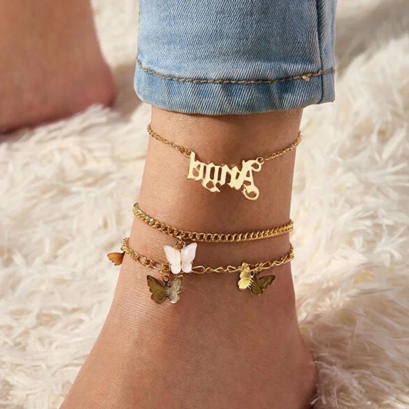 

2020 Anklet Feet Bohemian Angel Name Pendant Butterfly Charms Gold Cuban Link Three-piece Anklet Feet Jewelry Chain Set