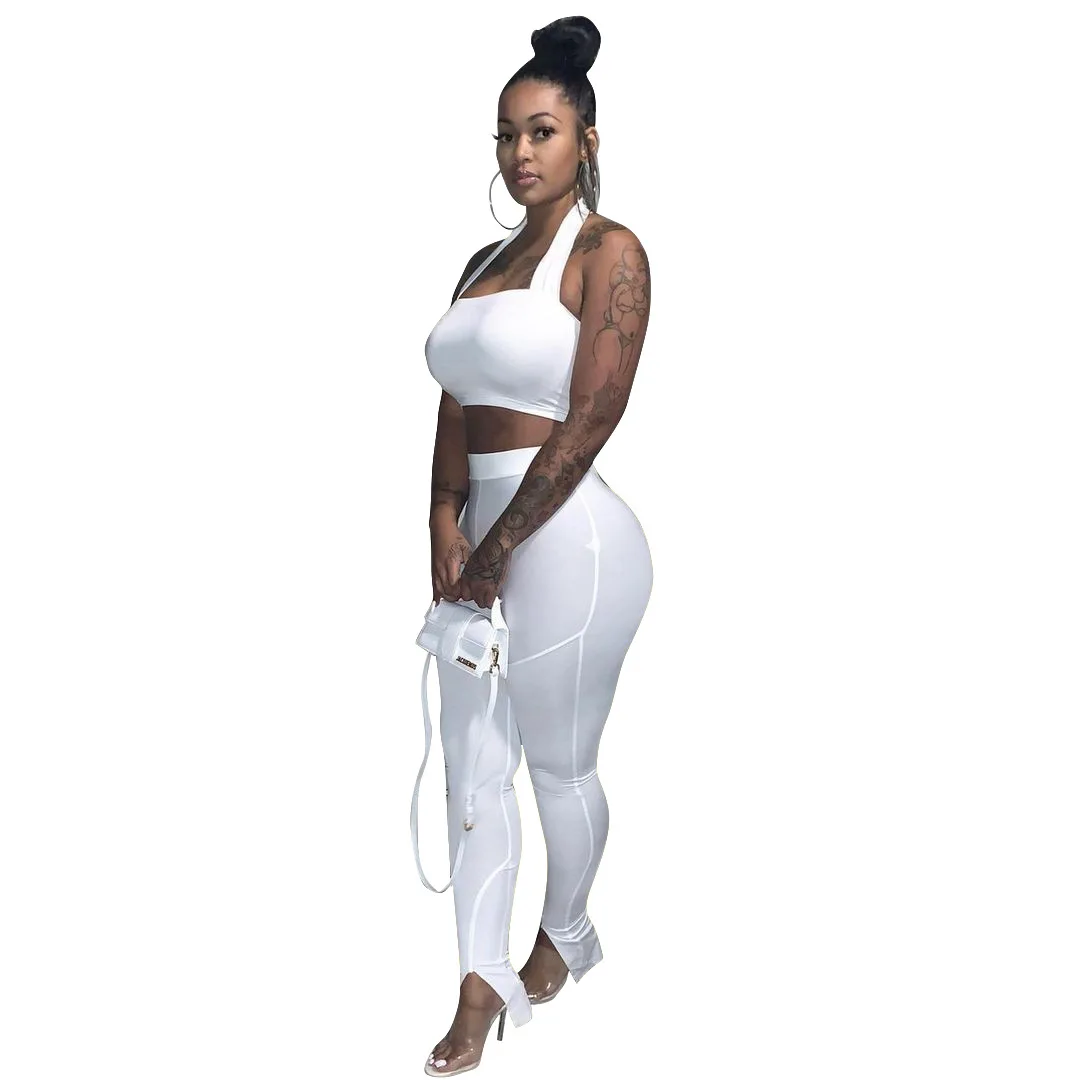 

2021 New Arrivals Fashion Women Casual Neck Drawstring Wrap Chest Crop Side Ripped Pants Solid 2 Pieces Set Outfit Tracksuit, Picture show