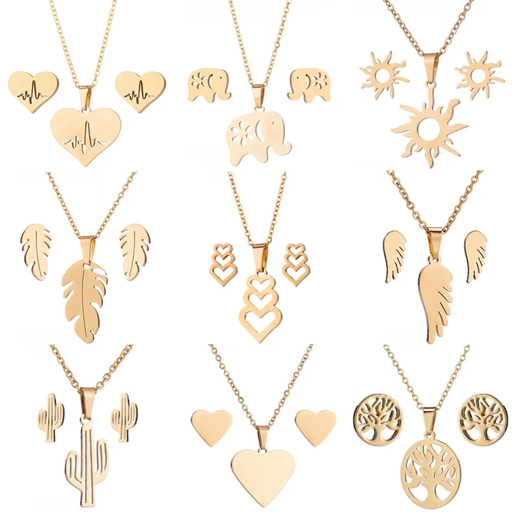 

Wholesale Trendy Gold Plated Heart Butterfly Elephant Leaf Pendant Women Girls Stainless Steel Earring Necklace Jewelry Set, Rainbow