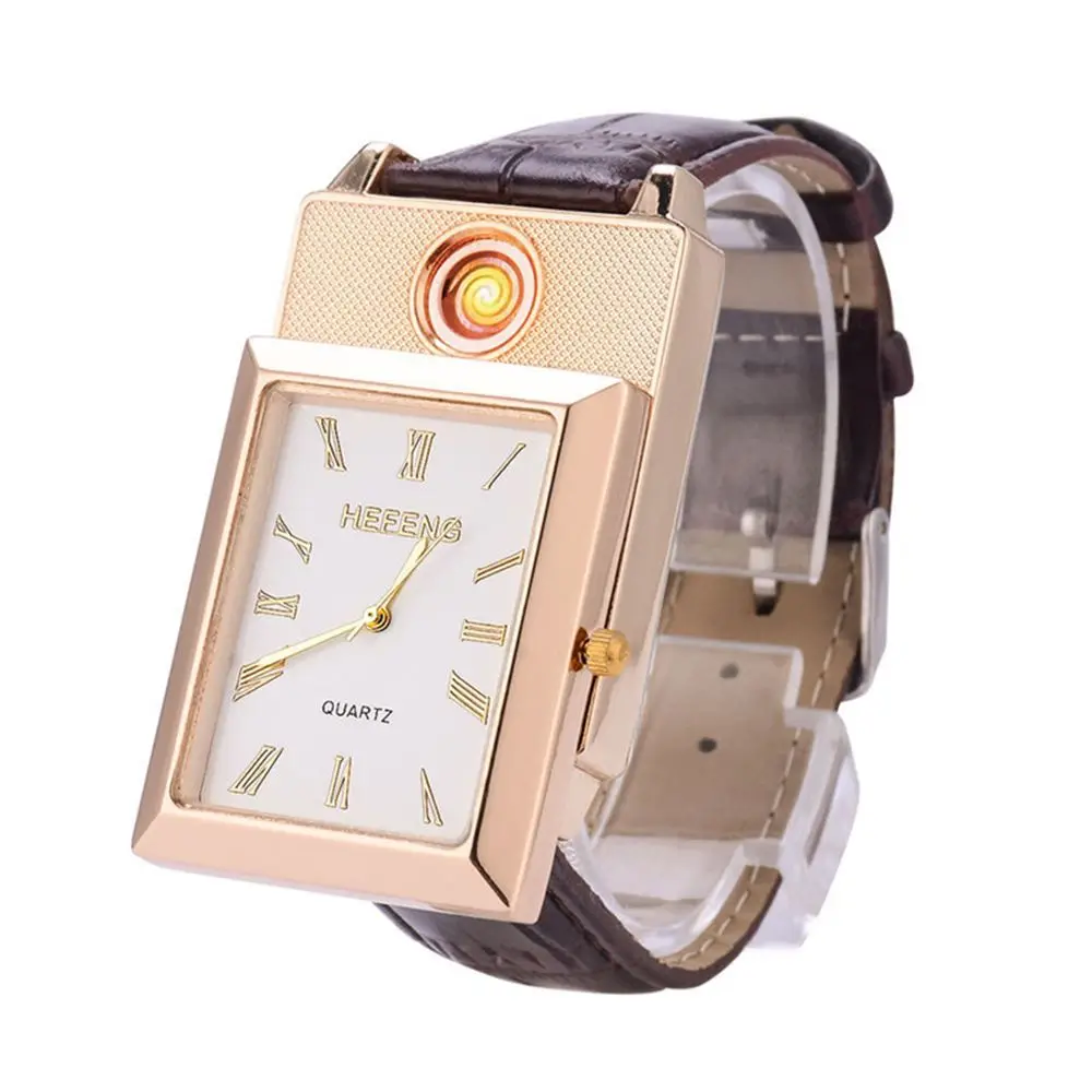 

Hot USB Charging Lighter Watch Men's Casual Quartz Wristwatch Cigarette Lighter, Gold,gold black