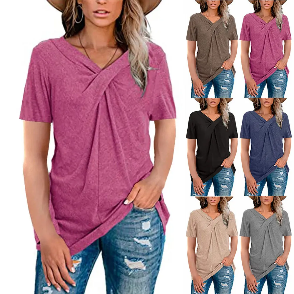 

Summer new solid color round neck pullover short knitted T-shirt short sleeve ladies T-shirt