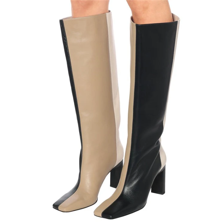 

White Matching Knee High Big Size 48 High Boots Microfiber Upper long Booties Women Shoes Back Zipper Square Toe Boots, White ,black,brown