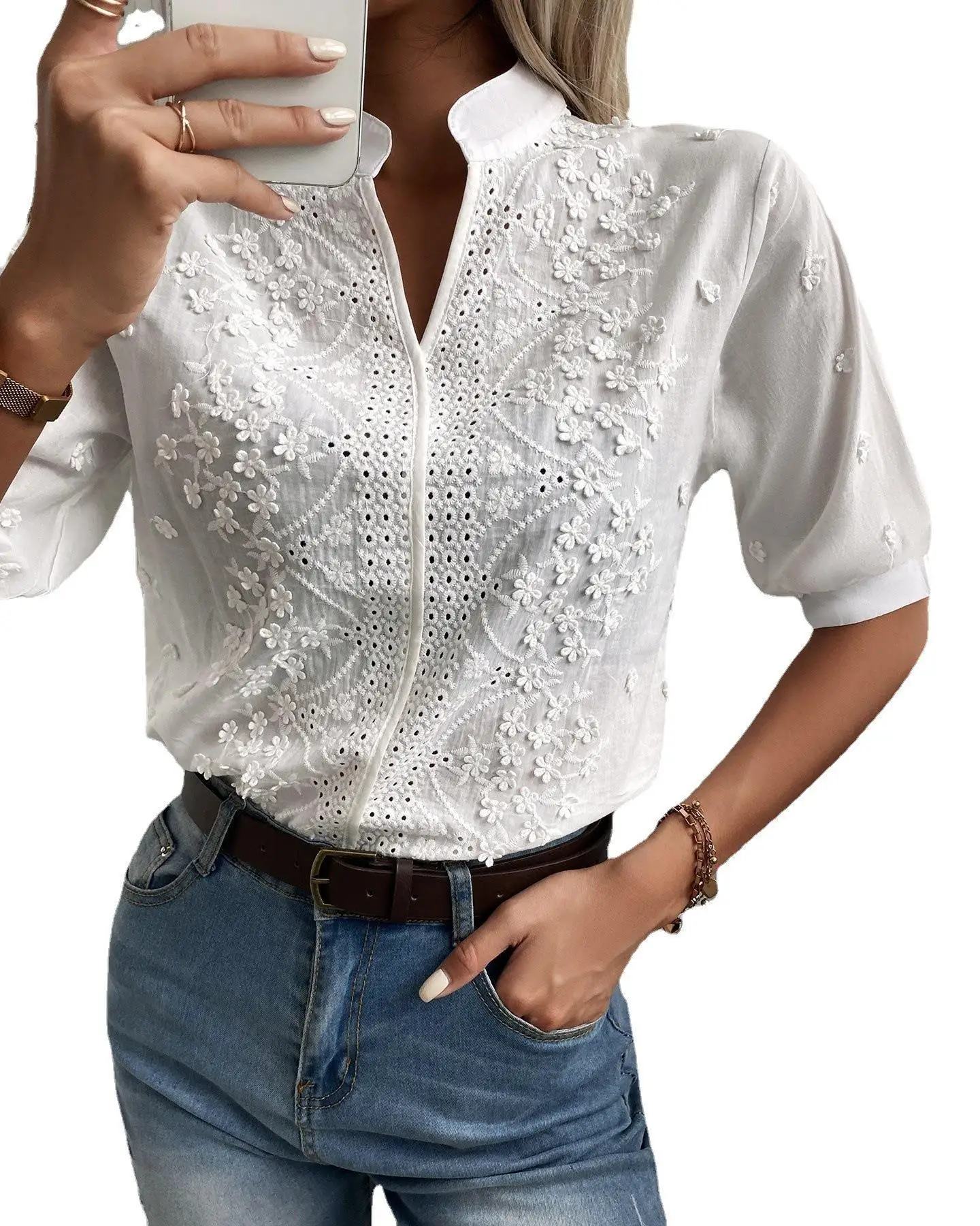 Half Sleeve V Neck Blouse Embroidered Lace