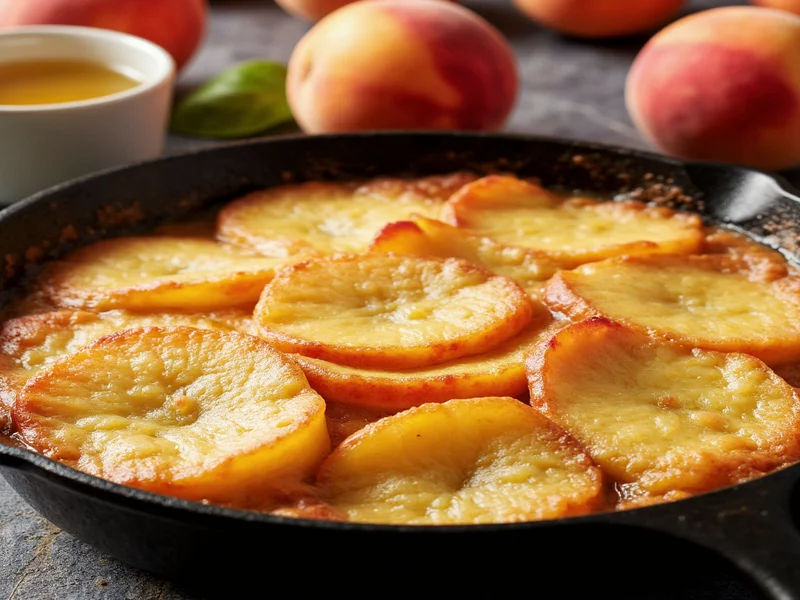 Golden peach cobbler bubbling in cast iron skillet