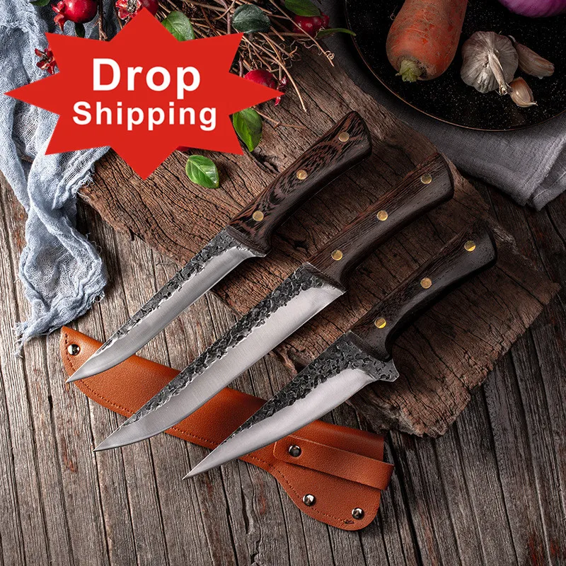 

Most popular Stainless Steel wenge wood handle customized logo High quality kitchen professional chef Boning knife 3pcs set, Silver