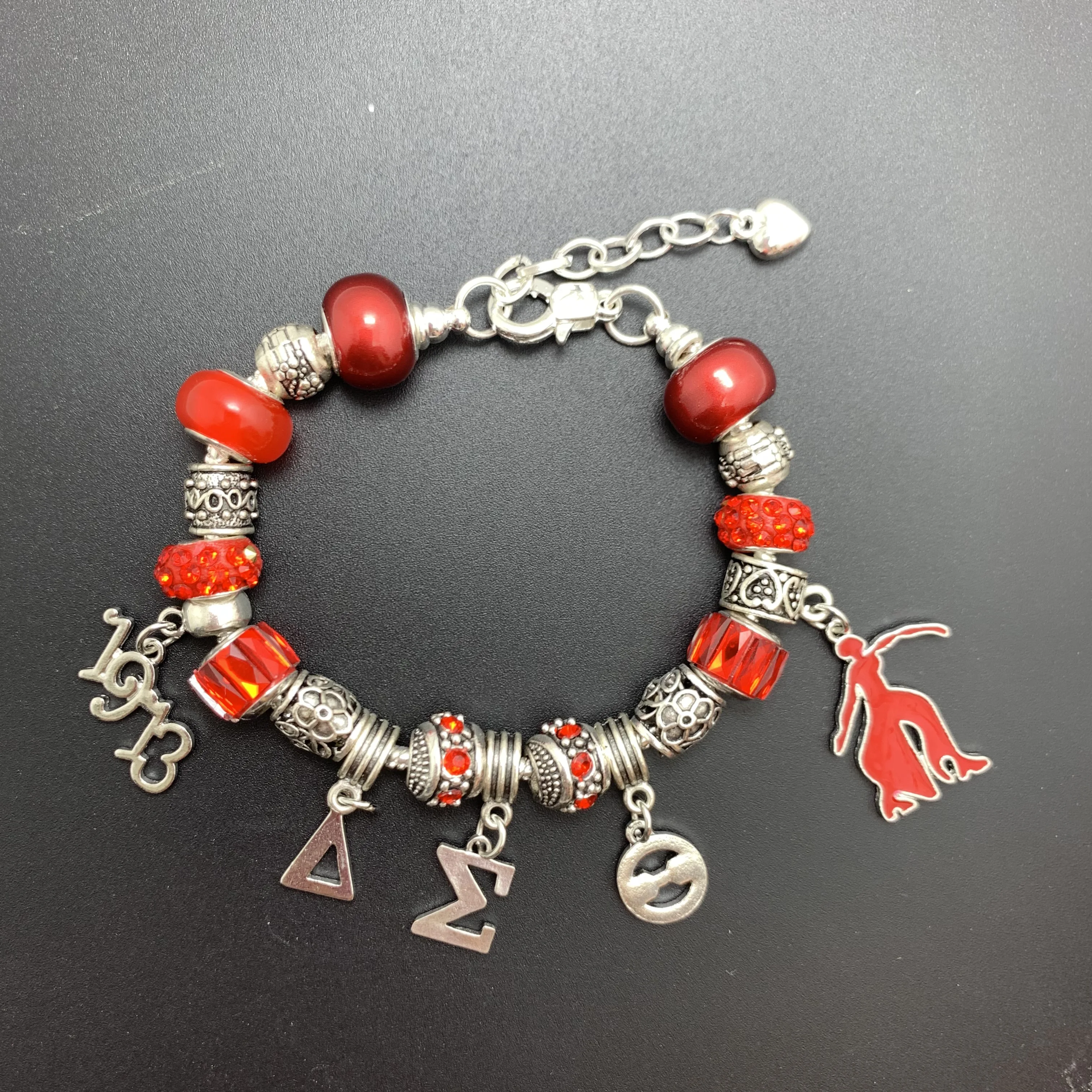 

Greek Letters Charm Bracelet, Designers Charm Bead Bracelet, Red Sorority Bangle