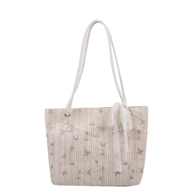 

SP784 Nice design lace woven handbag beach shoulder flower embroidery lace handmade straw tote bag, Picture shown
