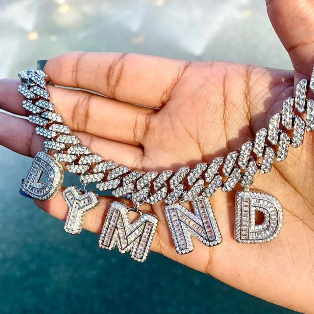 

Hip Hop Full Iced Out Name Necklaces Brush Font Letters Necklaces & Pendant Cubic Zirconia For Men Jewelry With Rope Chain, Picture