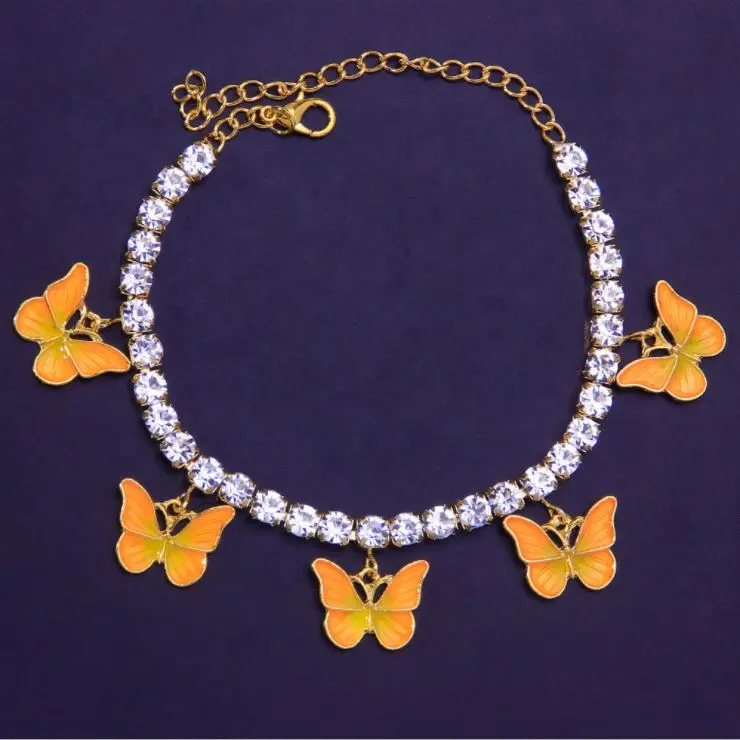 

High Quality Tennis Diamond Foot Jewelry Butterfly Cuban Chain Anklet Beach Holiday Butterfly Charm Anklet For Women Girls