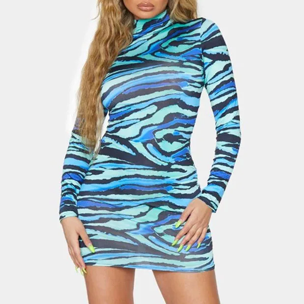 

FS1199D Fashion Turtleneck Bodycon Dress women Long Sleeve Mini Dresses