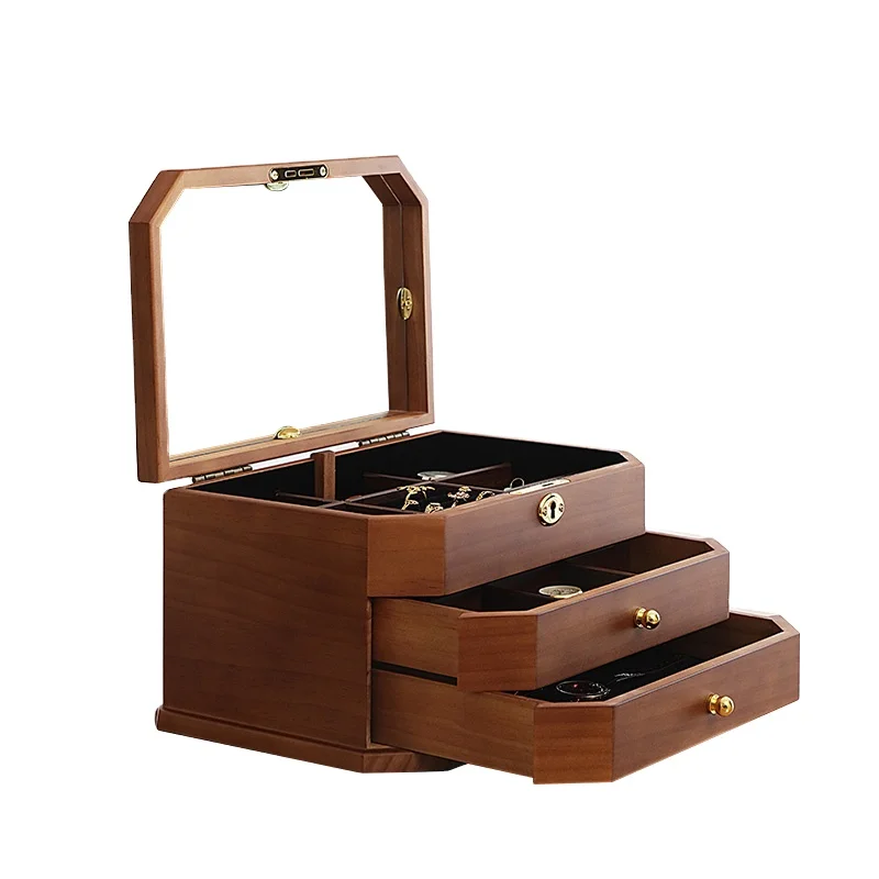 

Three layers multifunctional solid wood hexagon jewelry watch organizer box, Brown