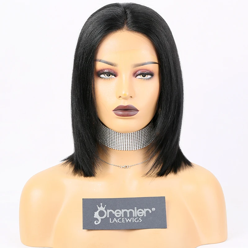 

Short Yaki Straight Indian Remy Hair 150% Density Jet Black Color 13x3 Lace Frontal Wig
