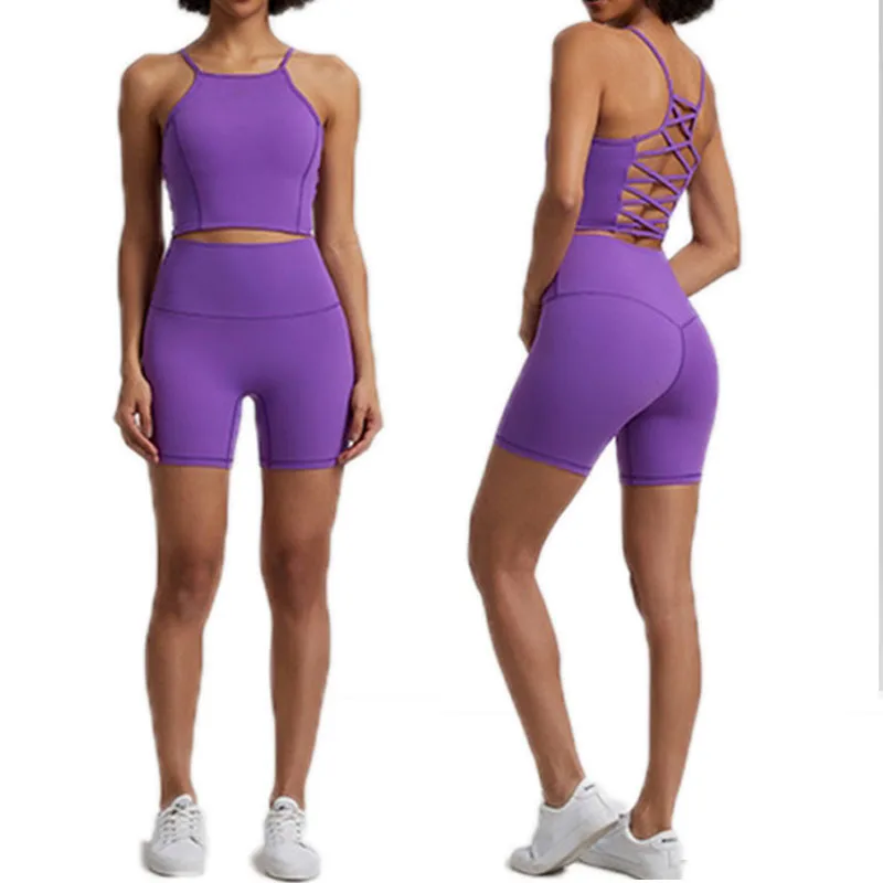 

Wholesale Multicolor High Waist Shorts Beautiful V Back High Neck Strppy Sports Crop Bra Top Leggings Workout Fitness Sets Women