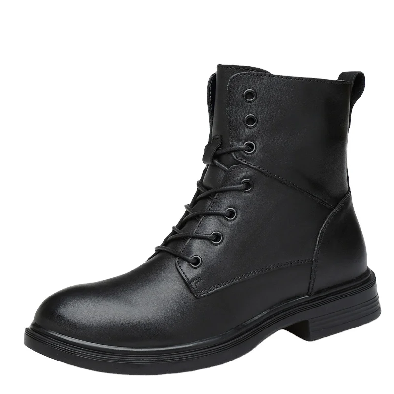 

hot wholesale custom logo fashion men's boots leather high-top motorcycle boots rubber outsole gusset boots, Black