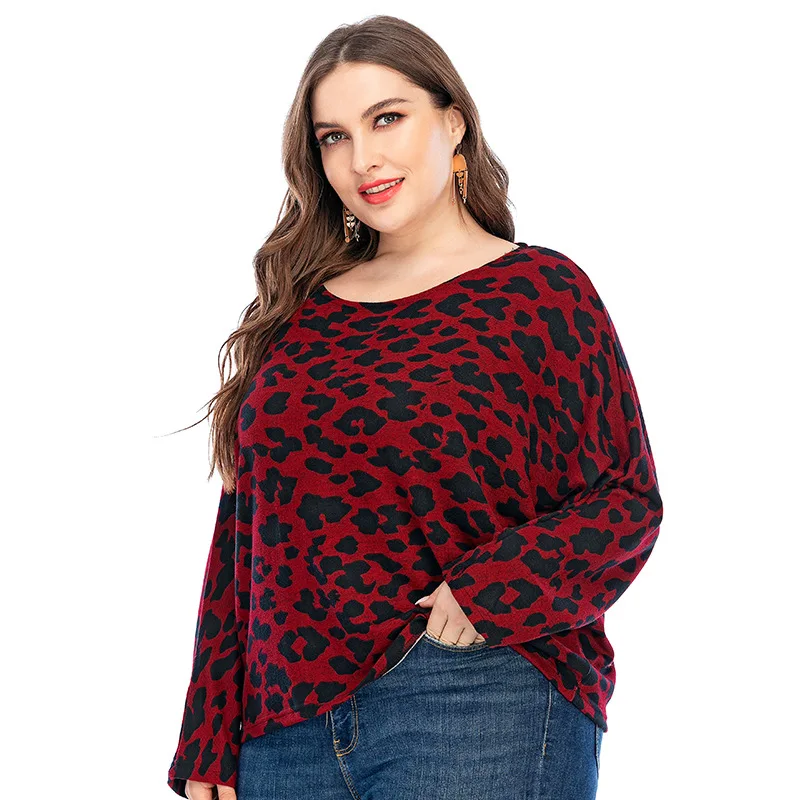 

2021 autumn new fat mm sexy leopard print pullover knit bottoming shirt plus size women's European and American knitted top, As pic
