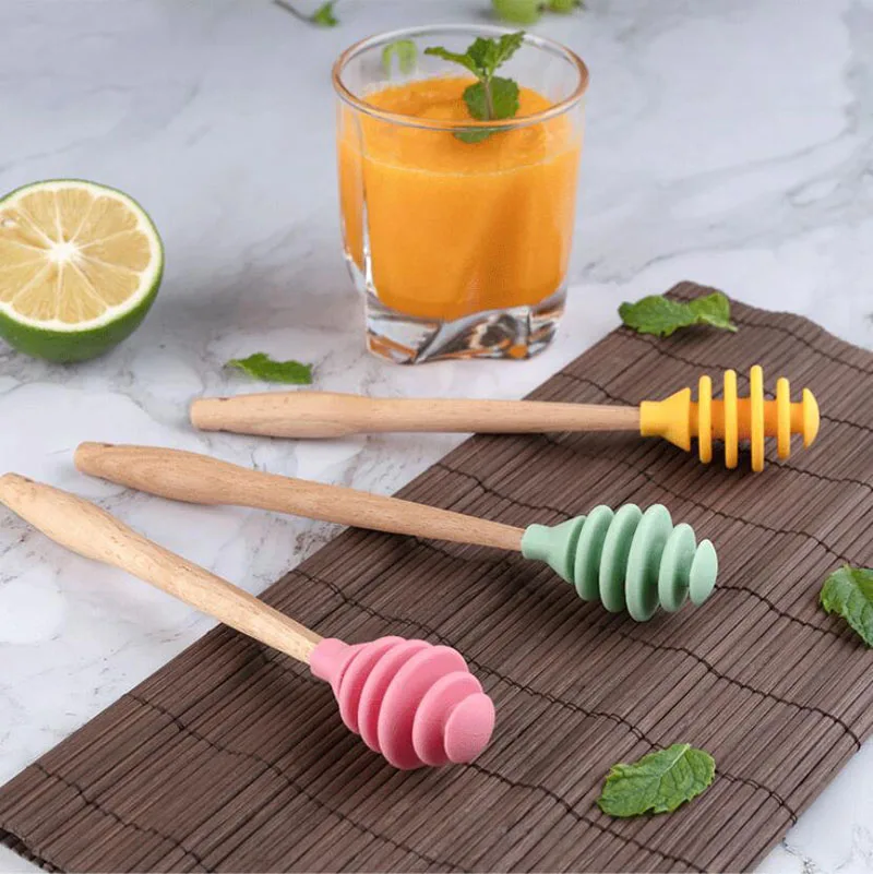 

Wooden Handle Silicone Honey Dipper Stick Honey Spoon Mixing Spoon For Honey Container Dispensing Stirring Rod Dipper