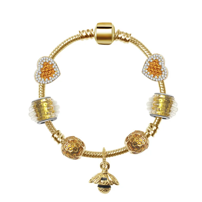 

High Quality Crystal Heart Fit Charms Beads Bracelet Gold Color Animale Bee Bracelets Bangles For Women Pulseira, As picture